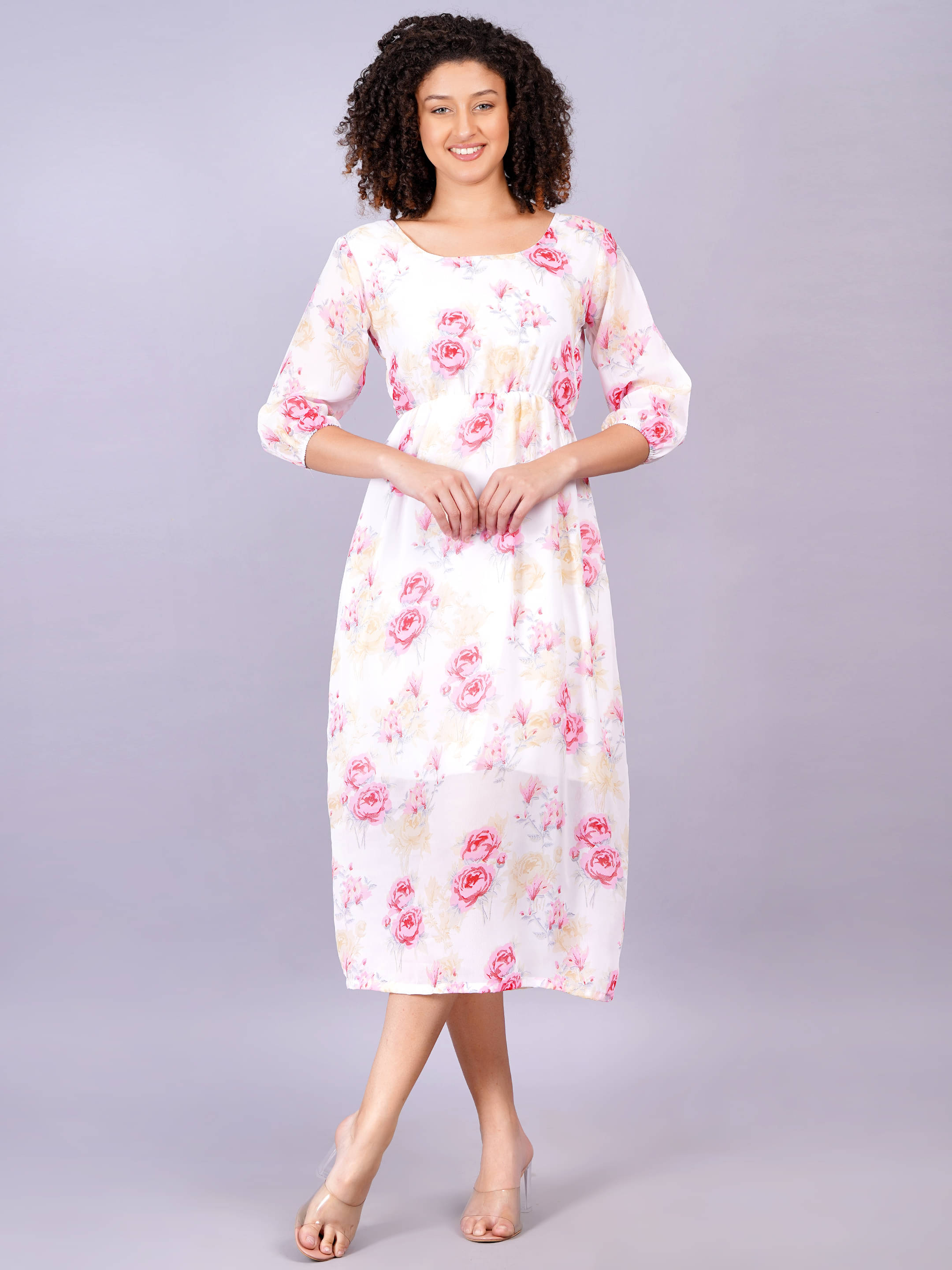 HIGHLIGHT FASHION EXPORT Women Georgette Printed Fit & Flare Dress ( White ) HIGHLIGHT FASHION EXPORT Women Georgette Printed Fit & Flare Dress ( White )