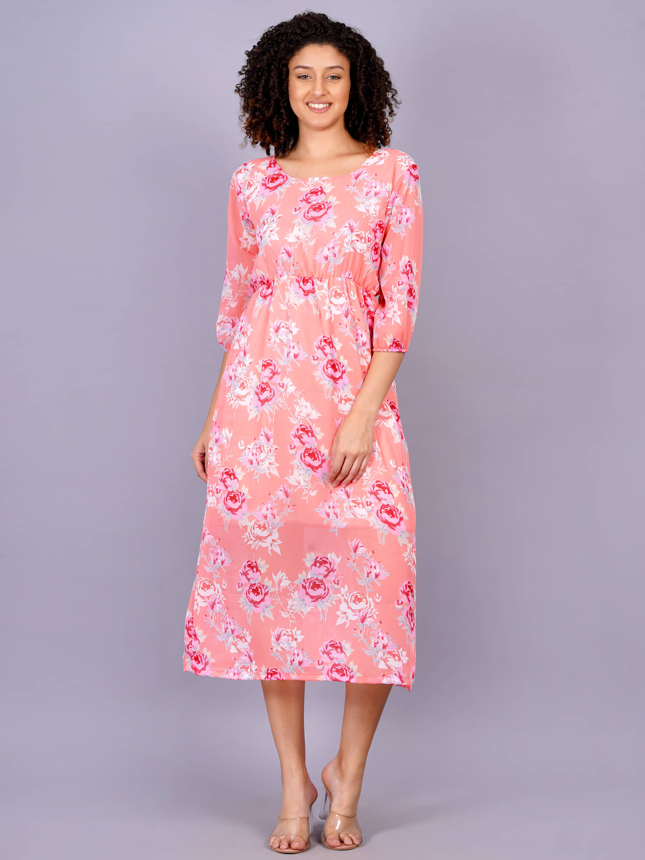     			HIGHLIGHT FASHION EXPORT Women Georgette Printed Fit & Flare Dress ( Peach )