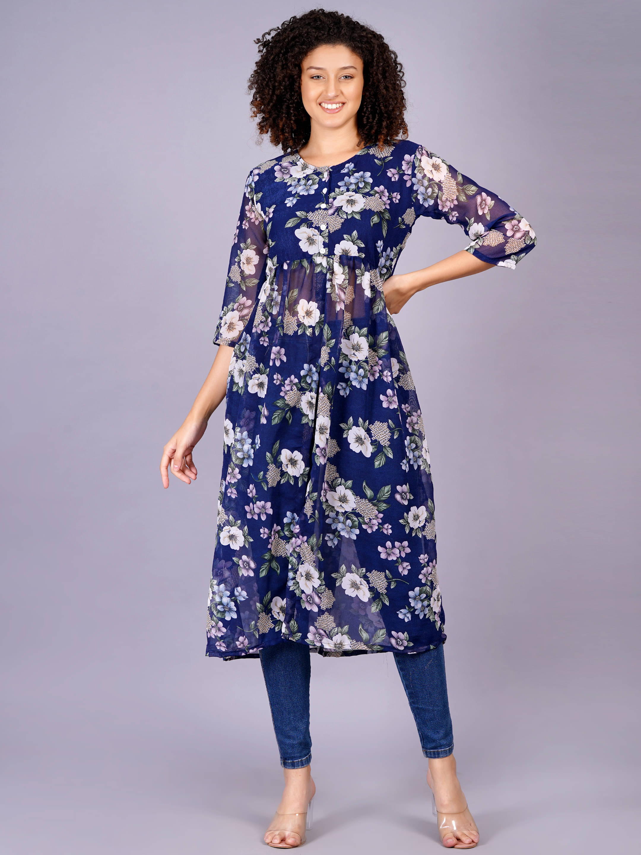 HIGHLIGHT FASHION EXPORT Women Georgette Printed Fit & Flare Dress ( Blue )     			HIGHLIGHT FASHION EXPORT Women Georgette Printed Fit & Flare Dress ( Blue )