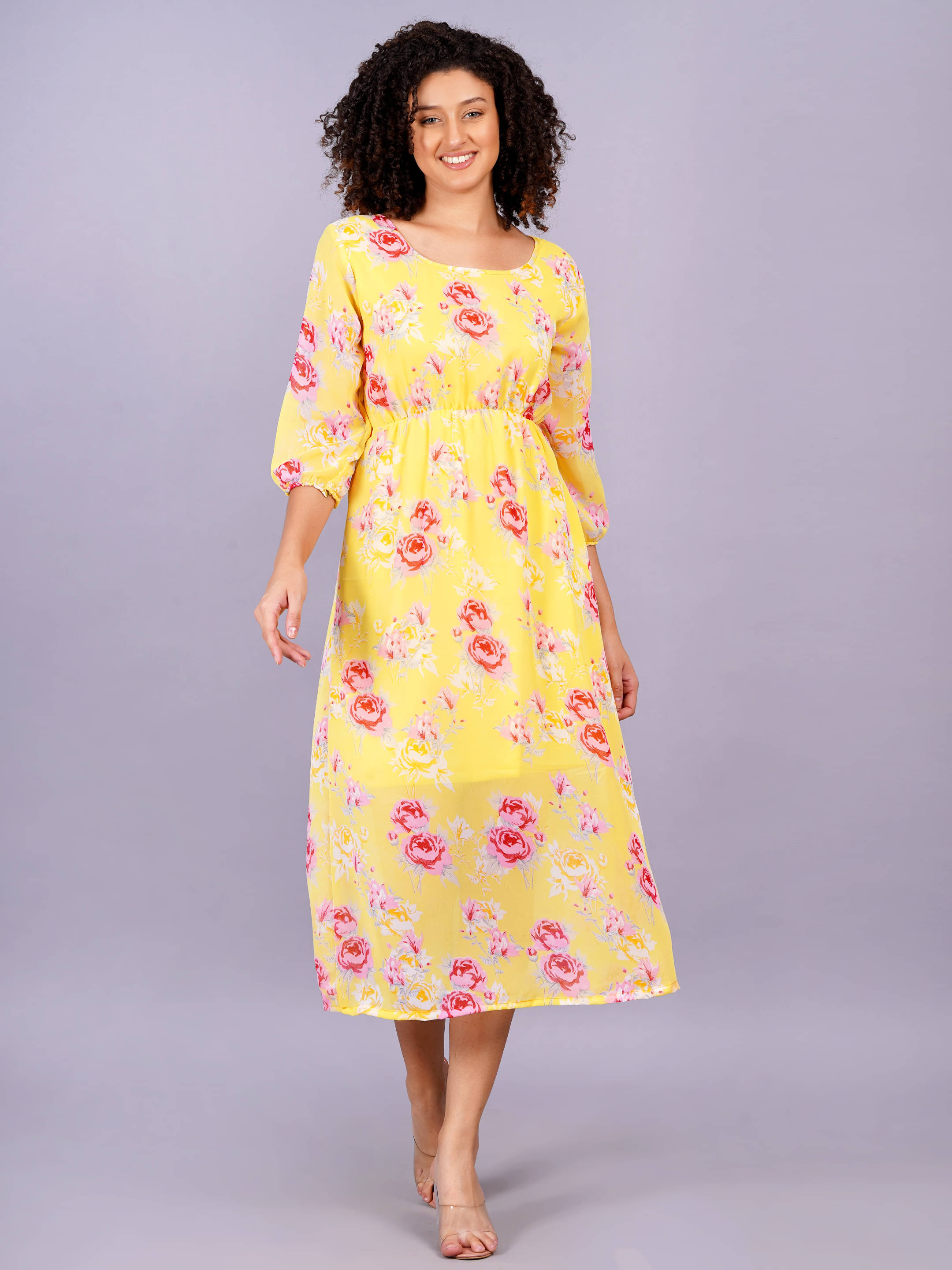HIGHLIGHT FASHION EXPORT Women Georgette Printed Fit & Flare Dress ( Yellow ) HIGHLIGHT FASHION EXPORT Women Georgette Printed Fit & Flare Dress ( Yellow )