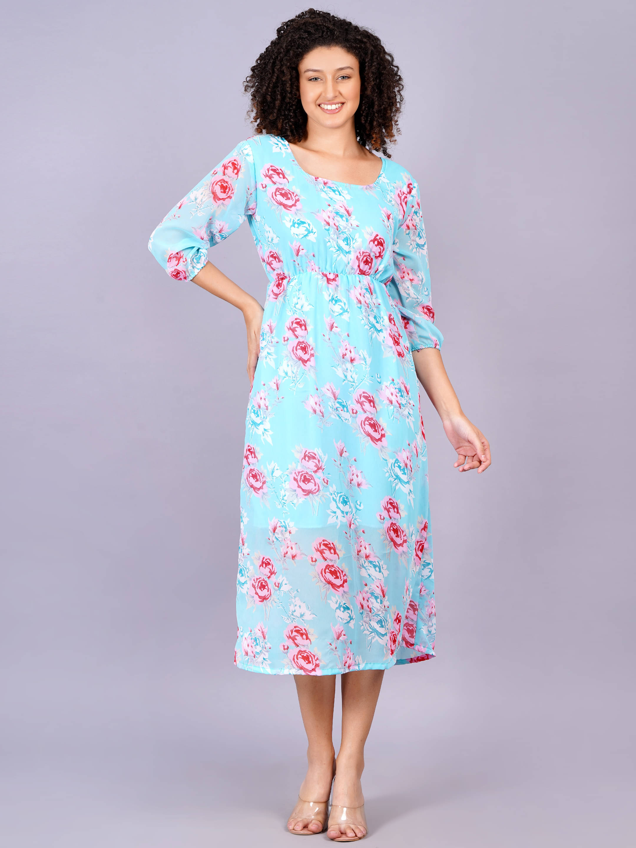 HIGHLIGHT FASHION EXPORT Women Georgette Printed Fit & Flare Dress ( Blue ) HIGHLIGHT FASHION EXPORT Women Georgette Printed Fit & Flare Dress ( Blue )