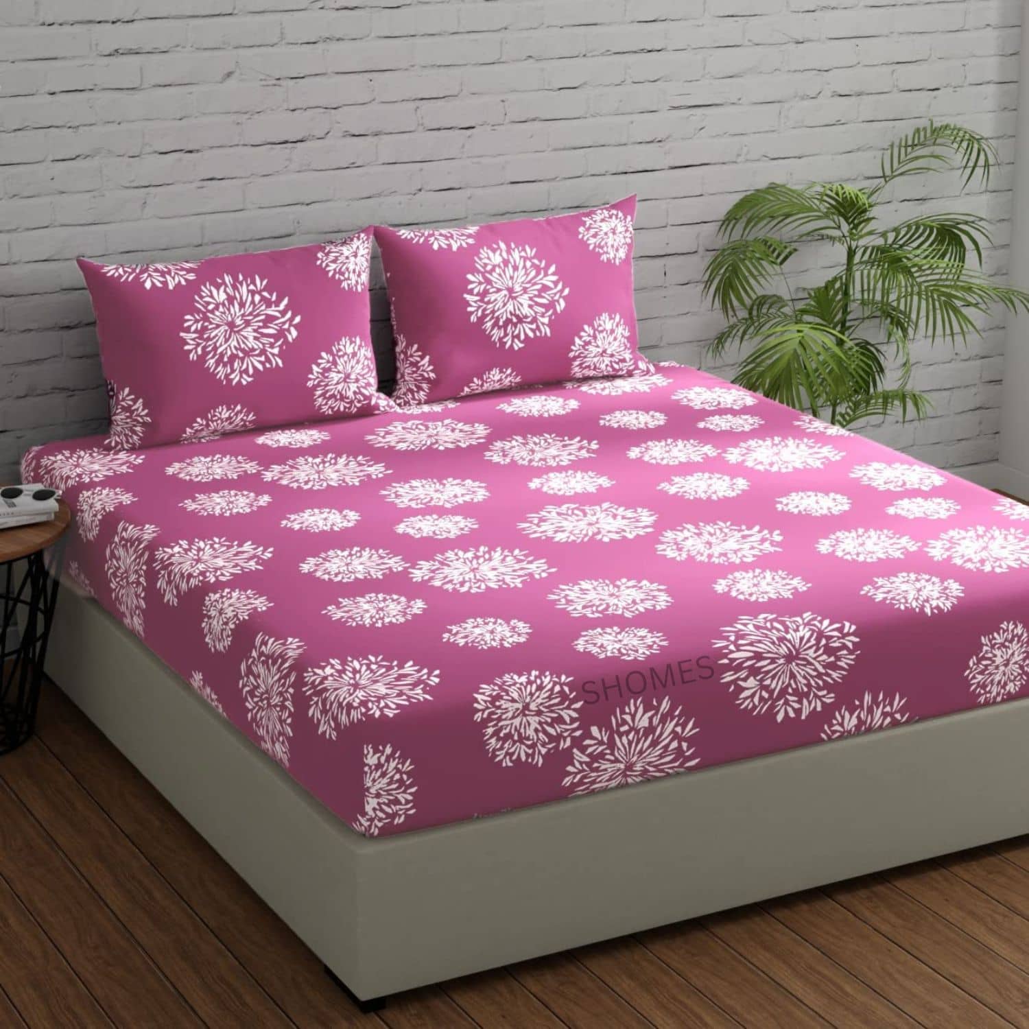 SHOMES Cotton Floral Fitted 1 Bedsheet with 2 Pillow Covers ( Double Bed ) - Pink