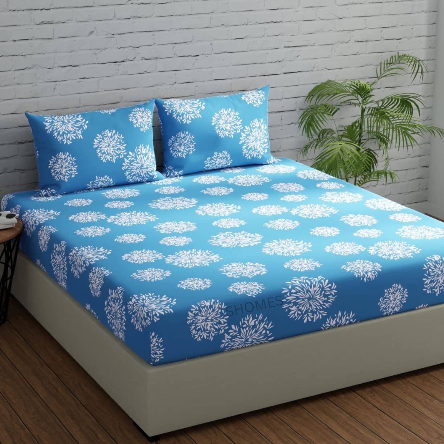 SHOMES Cotton Floral Fitted 1 Bedsheet with 2 Pillow Covers ( Double Bed ) - Blue