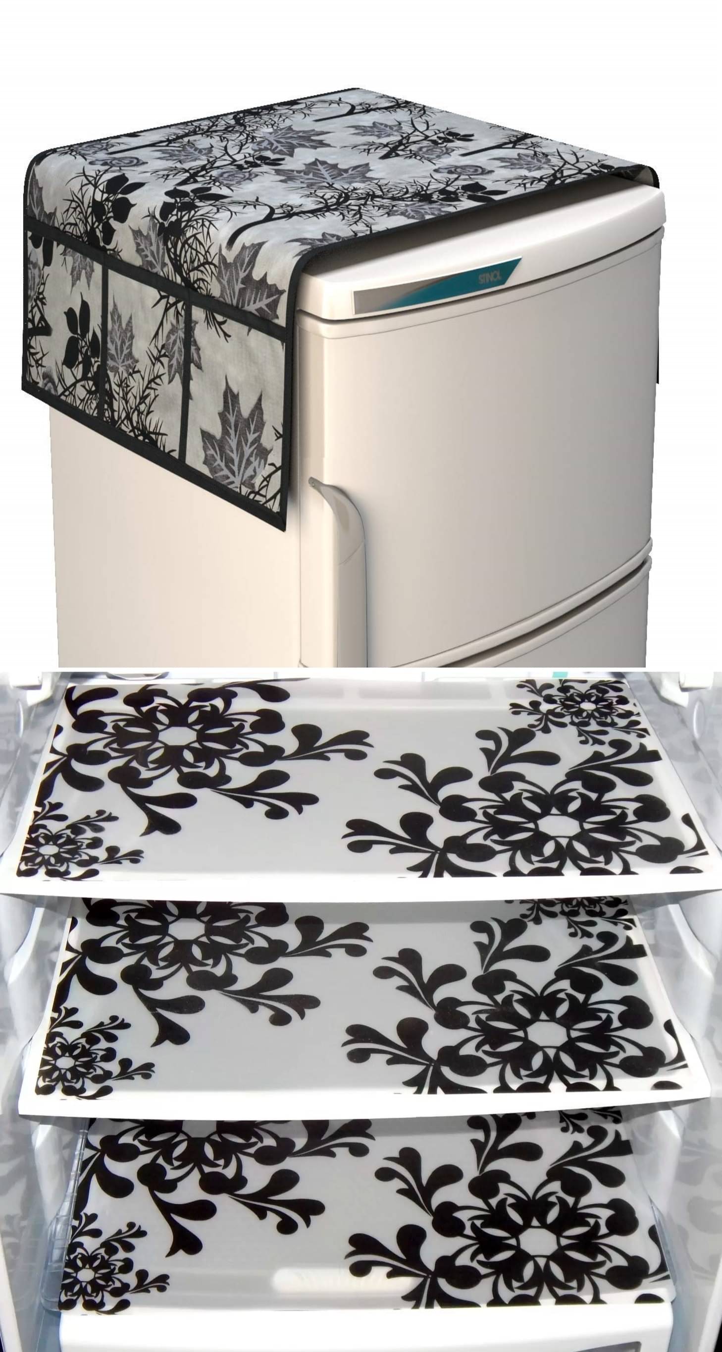     			Shaphio Polyester Floral Fridge Mat & Cover ( 99 58 ) Pack of 4 - Black