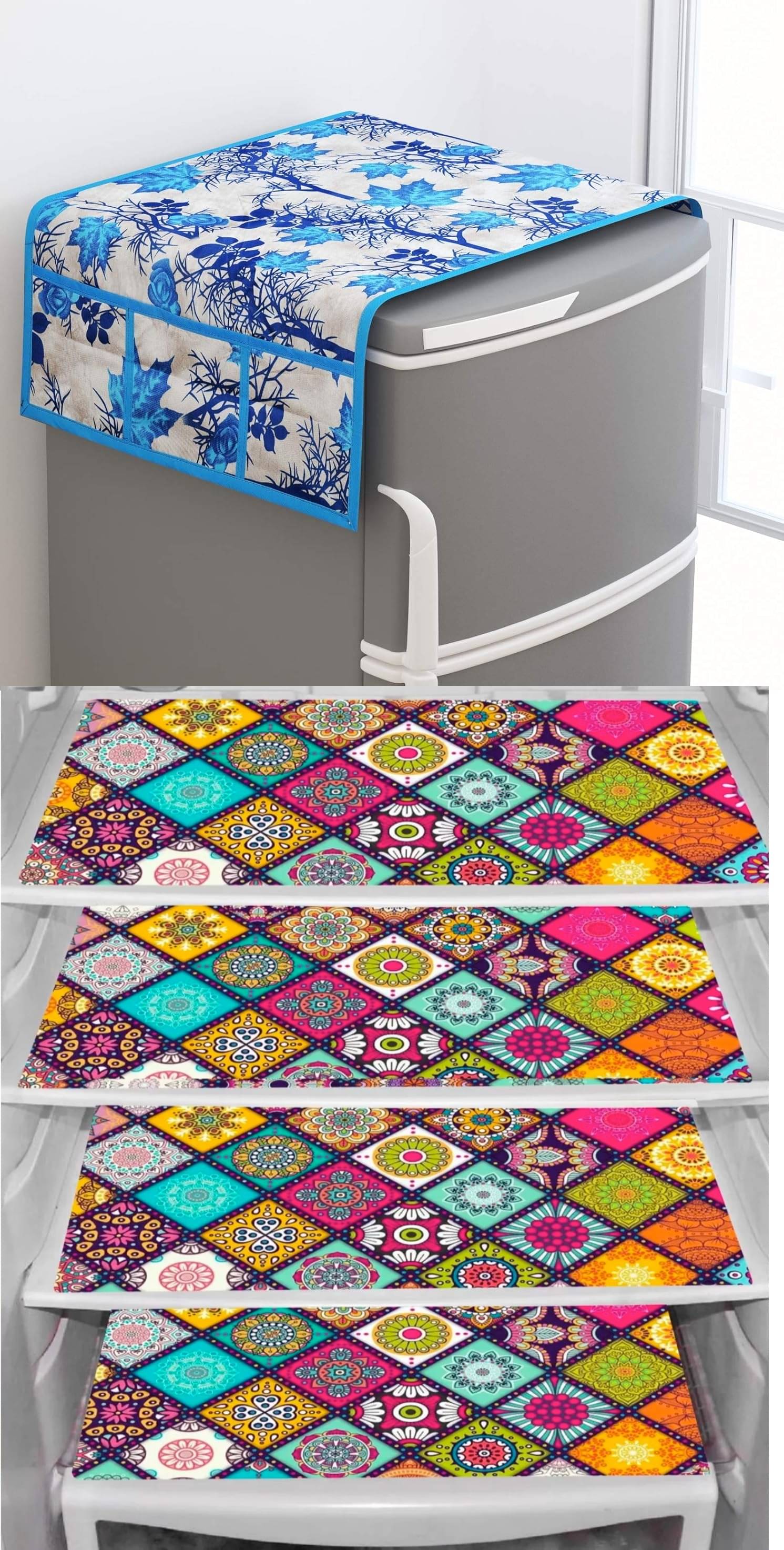     			Shaphio Polyester Floral Fridge Mat & Cover ( 99 58 ) Pack of 5 - Blue