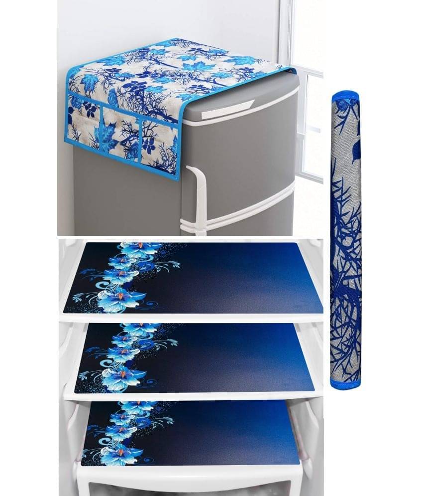    			Shaphio Polyester Floral Fridge Mat & Cover ( 99 58 ) Pack of 5 - Blue