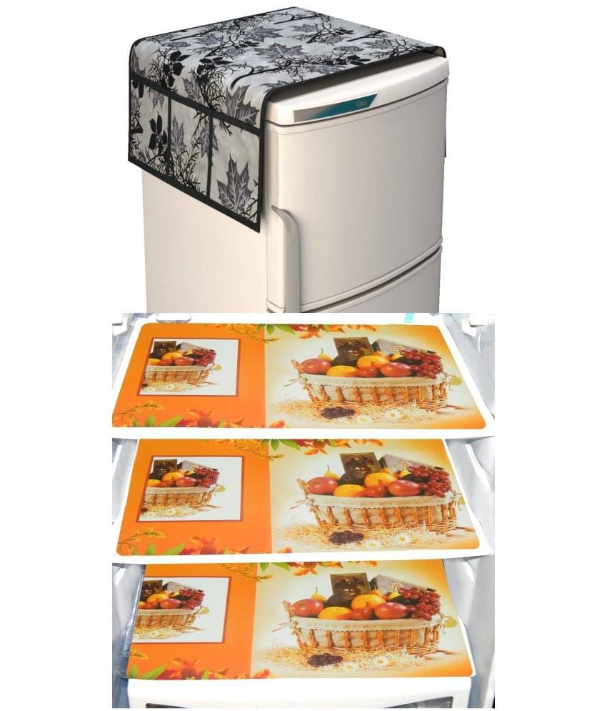 Shaphio Polyester Floral Fridge Mat & Cover ( 99 58 ) Pack of 4 - Black Shaphio Polyester Floral Fridge Mat & Cover ( 99 58 ) Pack of 4 - Black