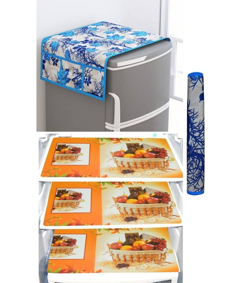     			Shaphio Polyester Floral Fridge Mat & Cover ( 99 58 ) Pack of 5 - Blue