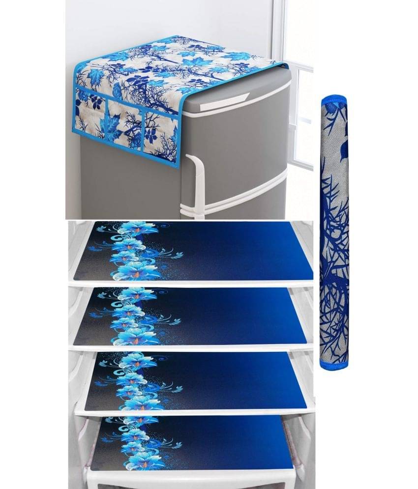     			Shaphio Polyester Floral Fridge Mat & Cover ( 99 58 ) Pack of 6 - Blue