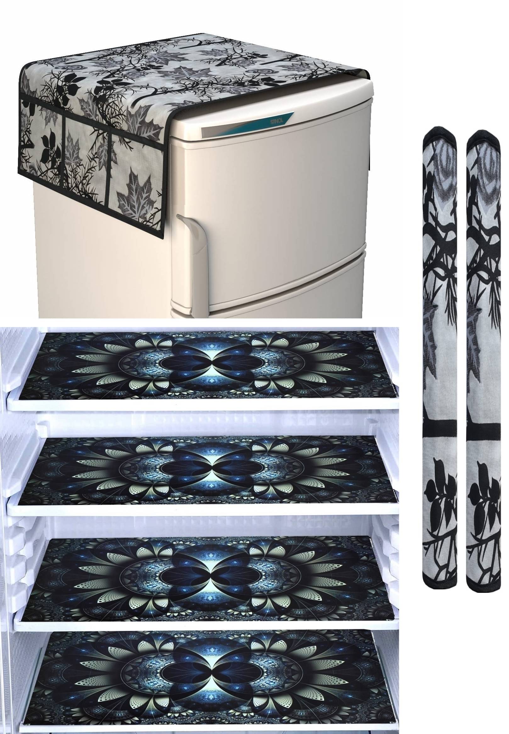     			Shaphio Polyester Floral Fridge Mat & Cover ( 99 58 ) Pack of 7 - Black