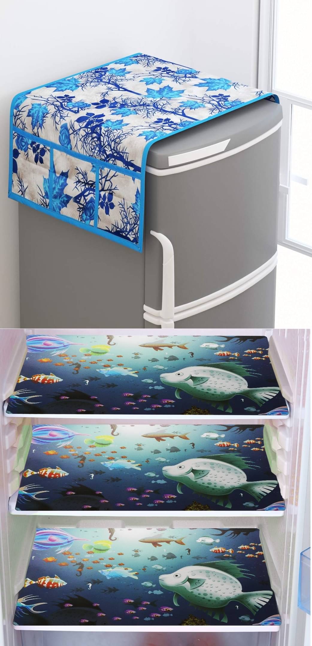     			Shaphio Polyester Nature Fridge Mat & Cover ( 99 58 ) Pack of 4 - Blue