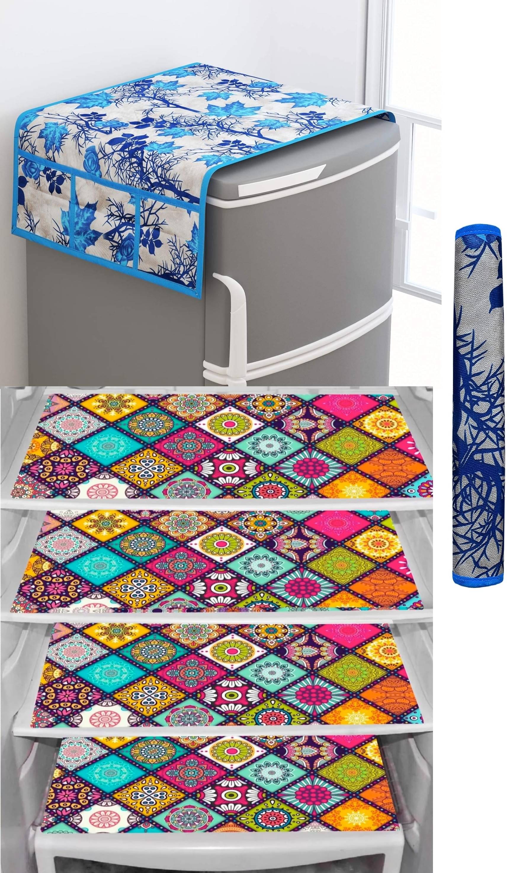     			Shaphio Polyester Nature Fridge Mat & Cover ( 99 58 ) Pack of 6 - Blue