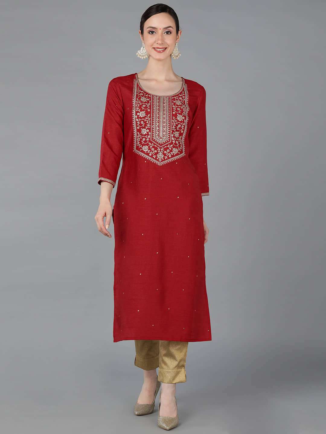 Vaamsi Chanderi Embroidered Straight Women's Kurti - Red ( Pack of 1 ) - Kurtis, Tunics | Buy online on ZillyBuy