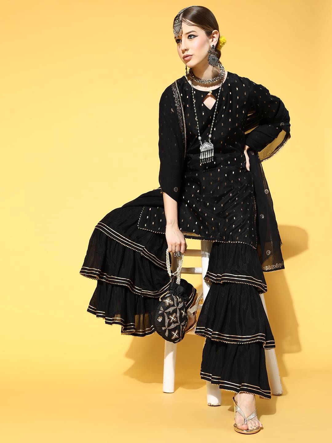Vaamsi Chanderi Self Design Kurti With Sharara And Gharara Women's Stitched Salwar Suit - Black ( Pack of 1 ) Vaamsi Chanderi Self Design Kurti With Sharara And Gharara Women's Stitched Salwar Suit - Black ( Pack of 1 )