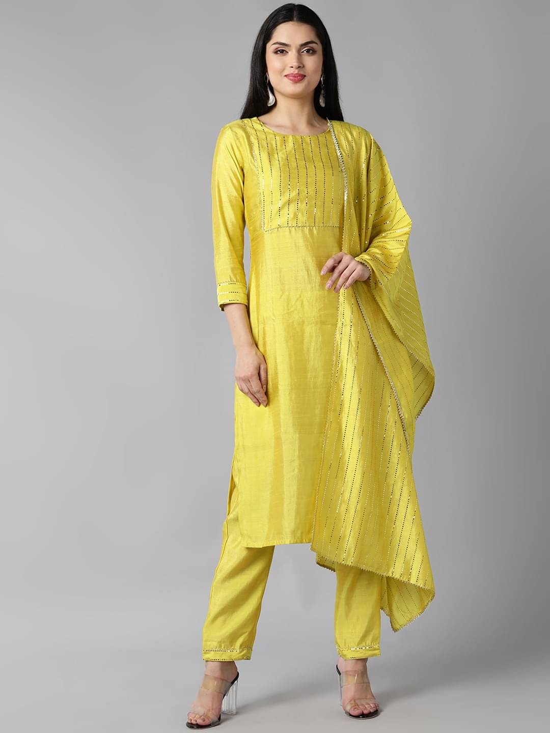     			Vaamsi Chanderi Self Design Kurti With Pants Women's Stitched Salwar Suit - Yellow ( Pack of 1 )