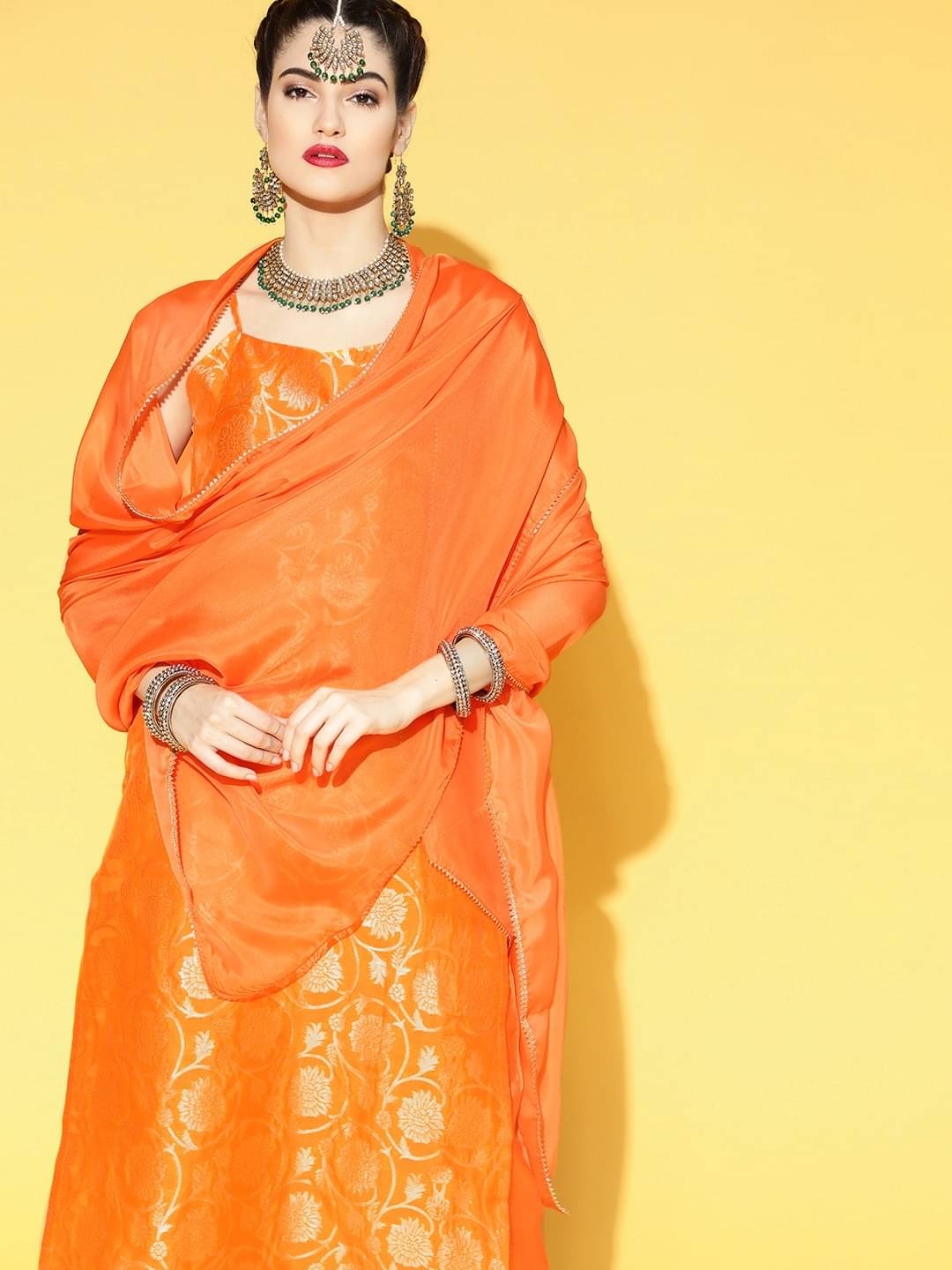 Vaamsi Chanderi Self Design Kurti With Pants Women's Stitched Salwar Suit - Orange ( Pack of 1 ) Vaamsi Chanderi Self Design Kurti With Pants Women's Stitched Salwar Suit - Orange ( Pack of 1 )