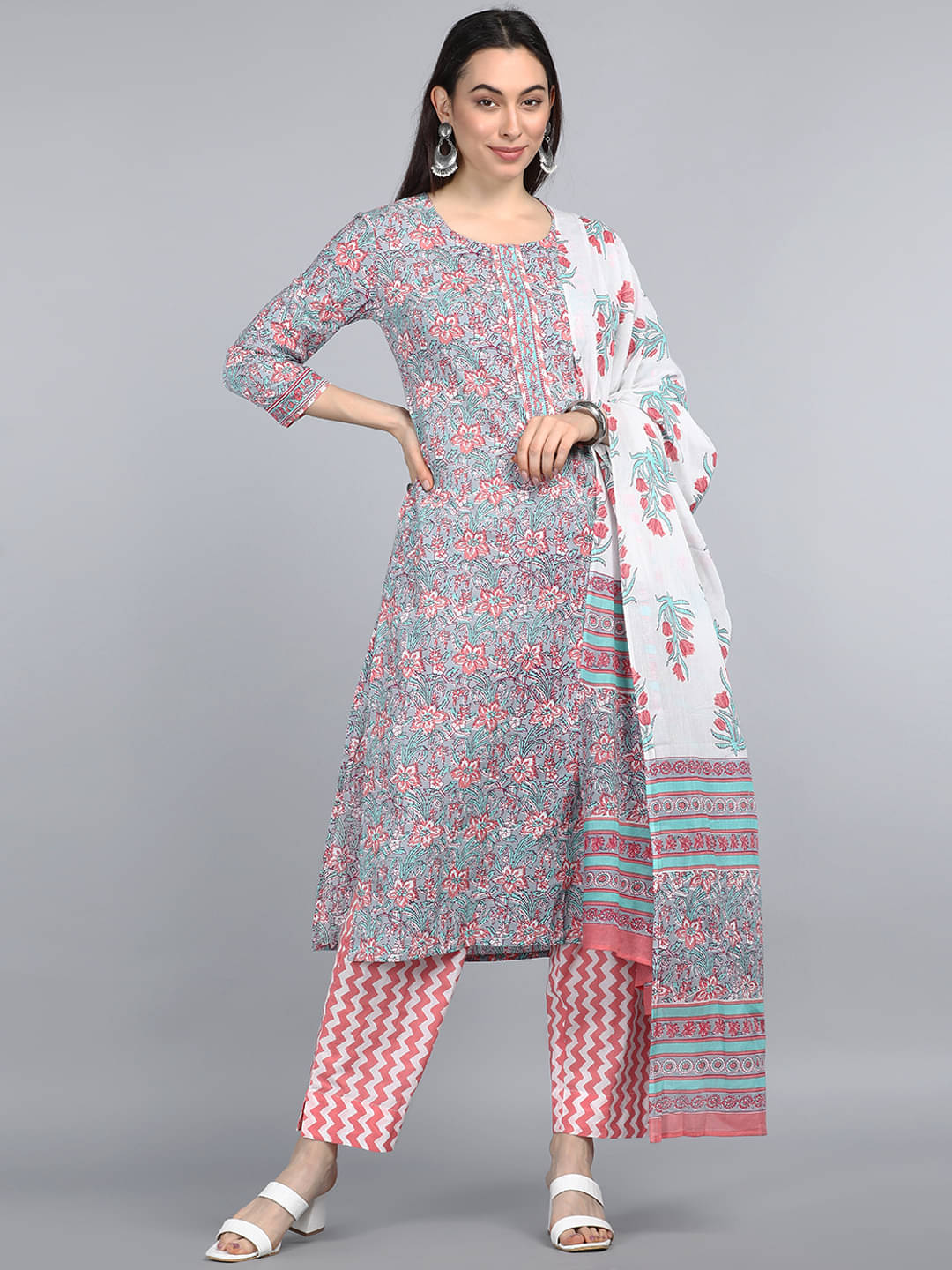     			Vaamsi Chiffon Printed Kurti With Pants Women's Stitched Salwar Suit - Light Grey ( Pack of 1 )