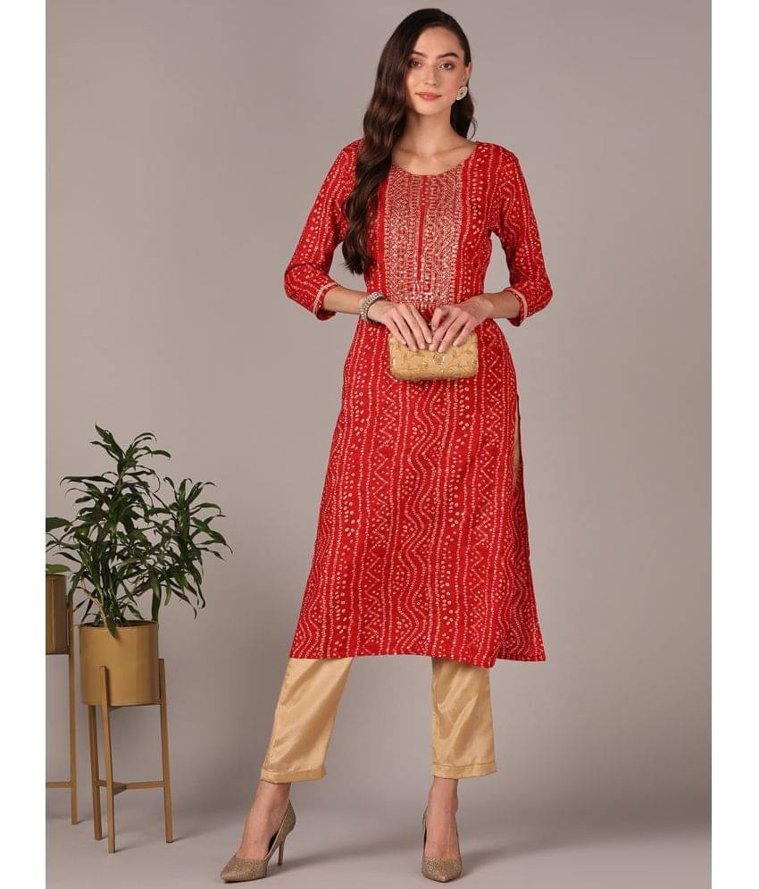 Vaamsi Cotton Blend Embroidered Straight Women's Kurti - Red ( Pack of 1 )     			Vaamsi Cotton Blend Embroidered Straight Women's Kurti - Red ( Pack of 1 )
