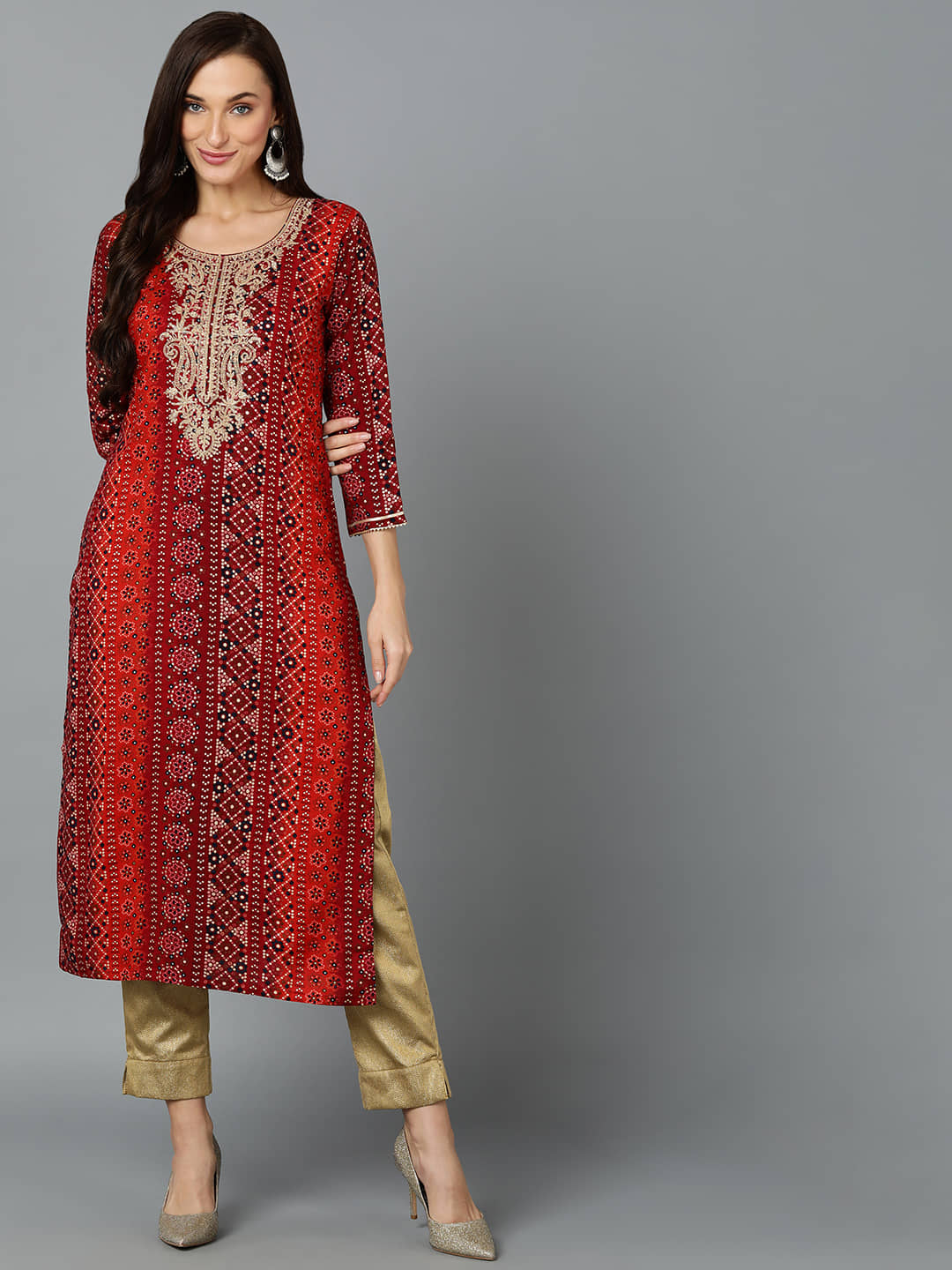 Vaamsi Cotton Blend Embroidered Straight Women's Kurti - Maroon ( Pack of 1 ) - Kurtis, Tunics | Buy online on ZillyBuy