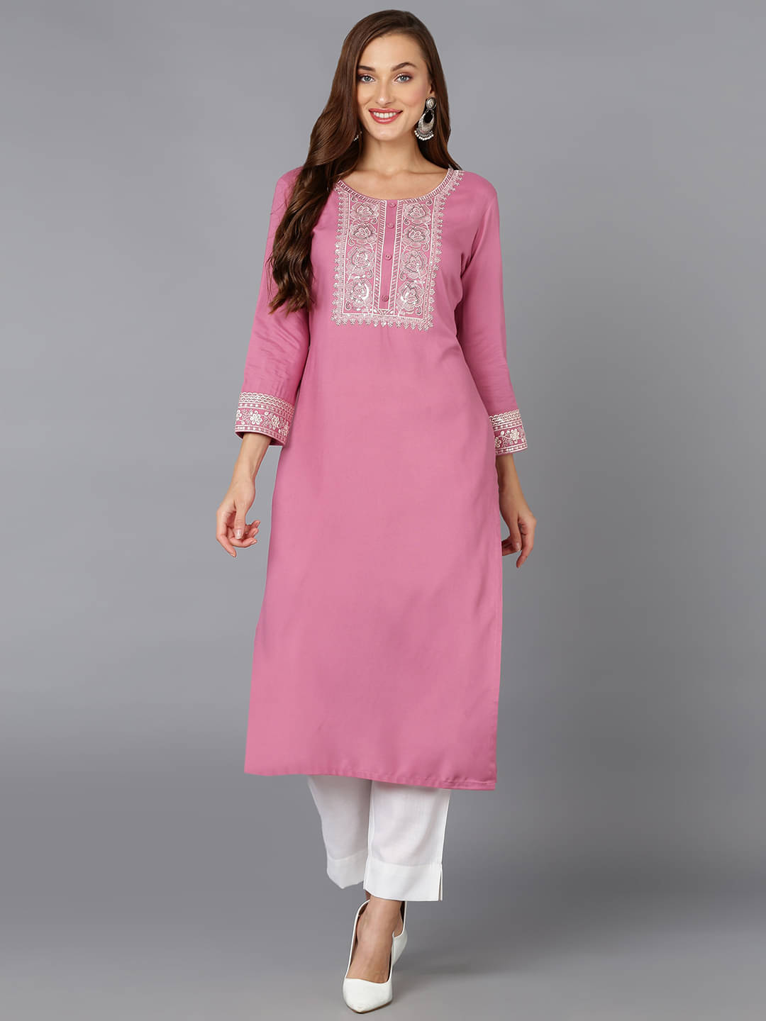 Vaamsi Cotton Blend Embroidered Straight Women's Kurti - Pink ( Pack of 1 ) Vaamsi Cotton Blend Embroidered Straight Women's Kurti - Pink ( Pack of 1 )