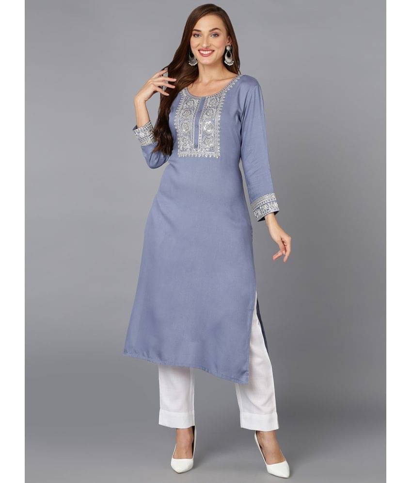 Vaamsi Cotton Blend Embroidered Straight Women's Kurti - Blue ( Pack of 1 ) Vaamsi Cotton Blend Embroidered Straight Women's Kurti - Blue ( Pack of 1 )