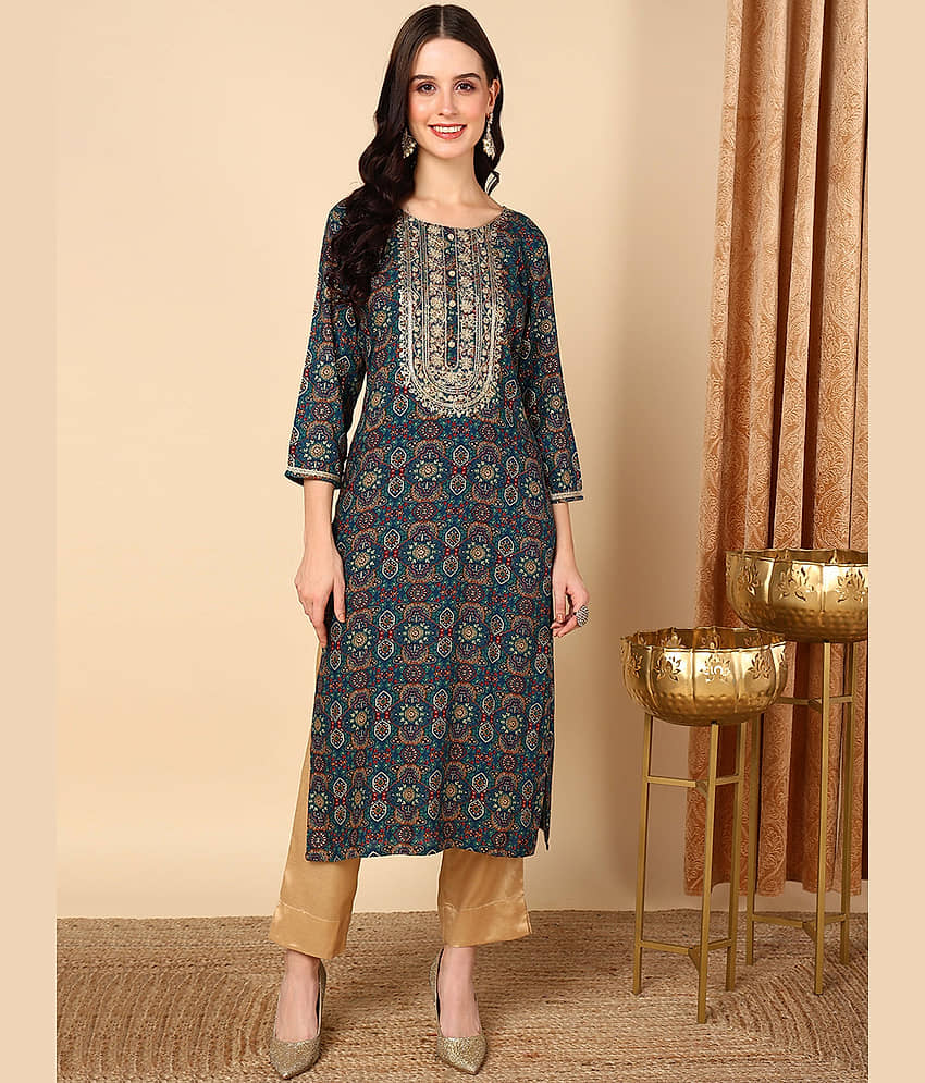 Vaamsi Cotton Blend Embroidered Straight Women's Kurti - Blue ( Pack of 1 ) - Kurtis, Tunics | Buy online on ZillyBuy