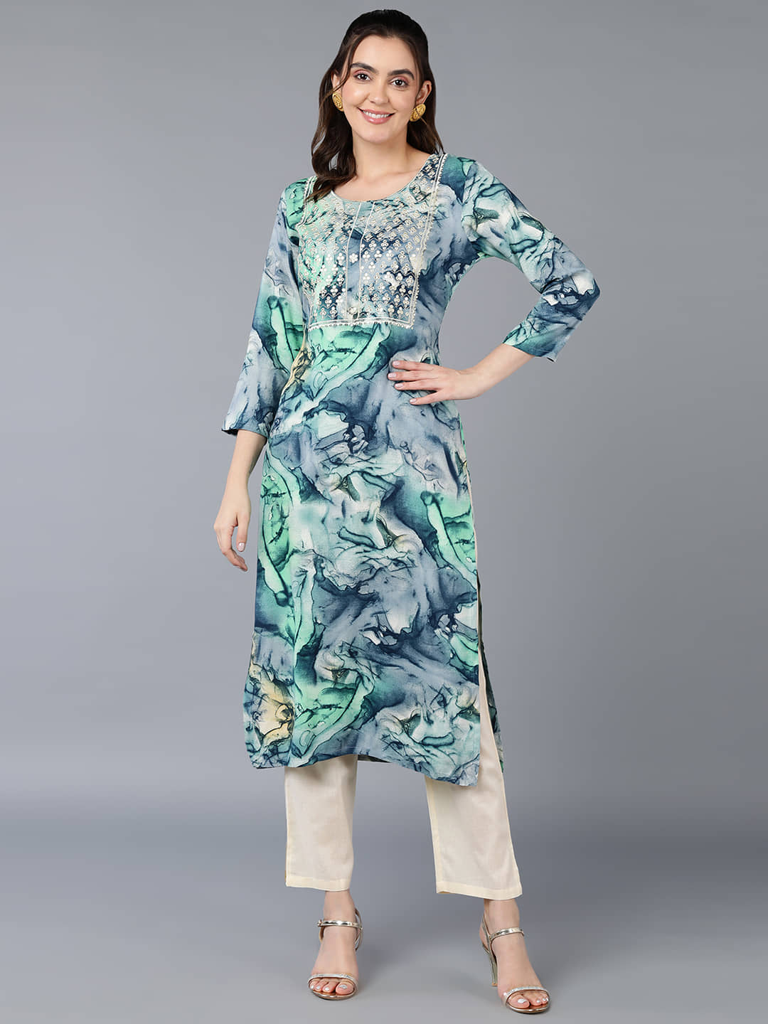 Vaamsi Cotton Blend Embroidered Straight Women's Kurti - Turquoise ( Pack of 1 ) - Kurtis, Tunics | Buy online on ZillyBuy