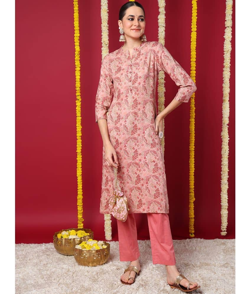 Vaamsi Cotton Blend Printed Straight Women's Kurti - Peach ( Pack of 1 ) - Kurtis, Tunics | Buy online on ZillyBuy