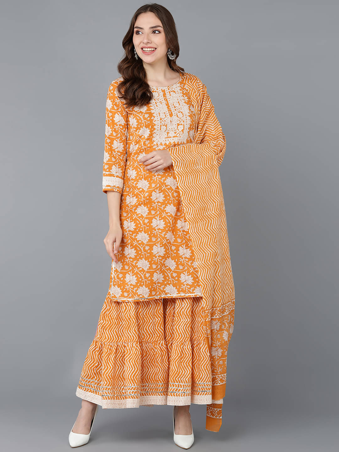     			Vaamsi Cotton Embroidered Kurti With Sharara And Gharara Women's Stitched Salwar Suit - Orange ( Pack of 1 )