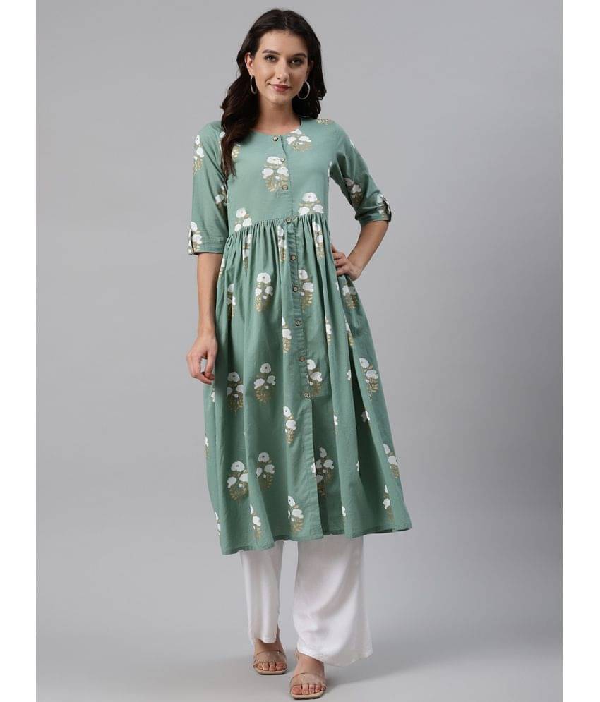 Vaamsi Cotton Printed A-line Women's Kurti - Green ( Pack of 1 ) Vaamsi Cotton Printed A-line Women's Kurti - Green ( Pack of 1 )