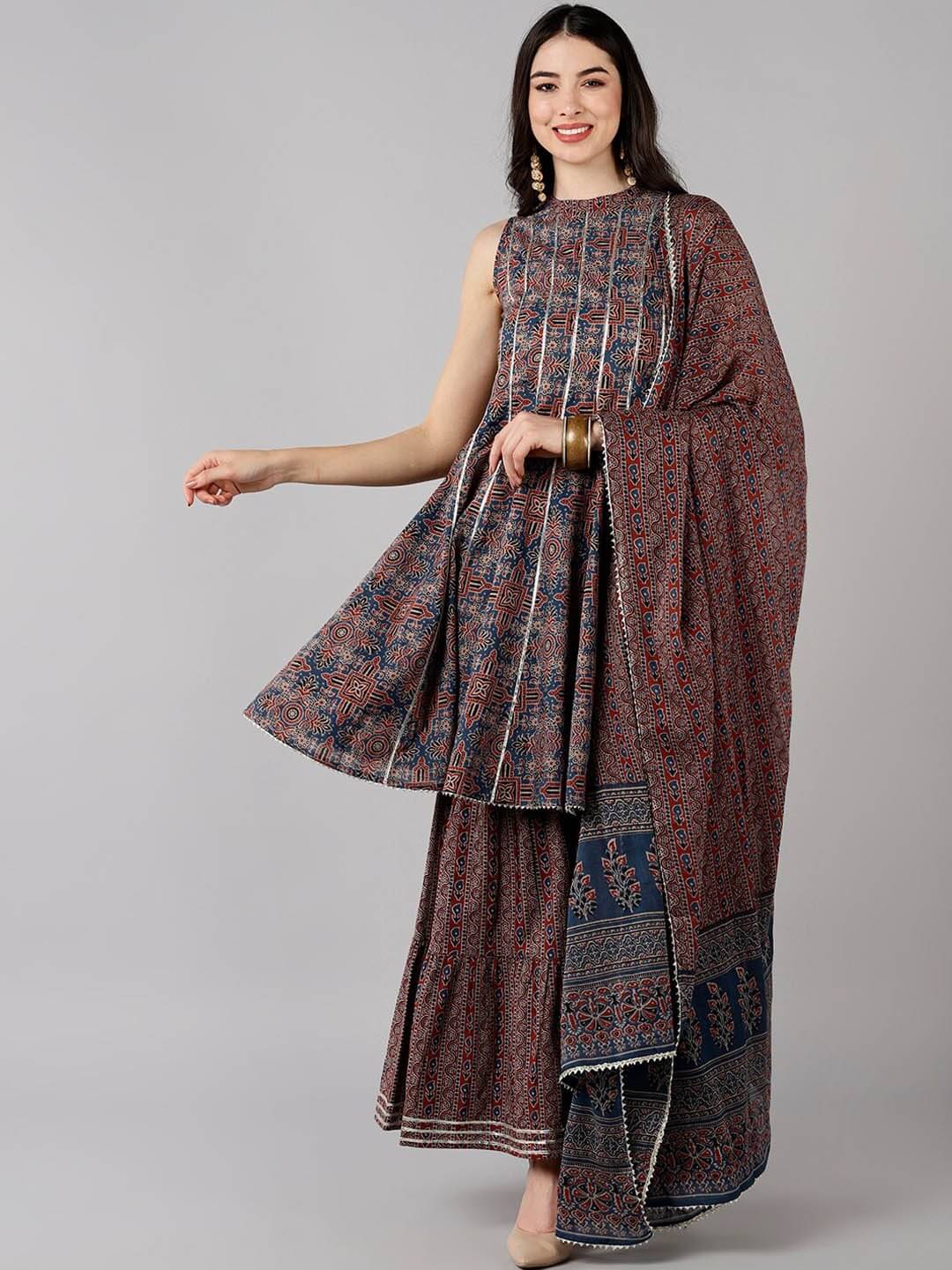     			Vaamsi Cotton Printed Kurti With Sharara And Gharara Women's Stitched Salwar Suit - Blue ( Pack of 1 )