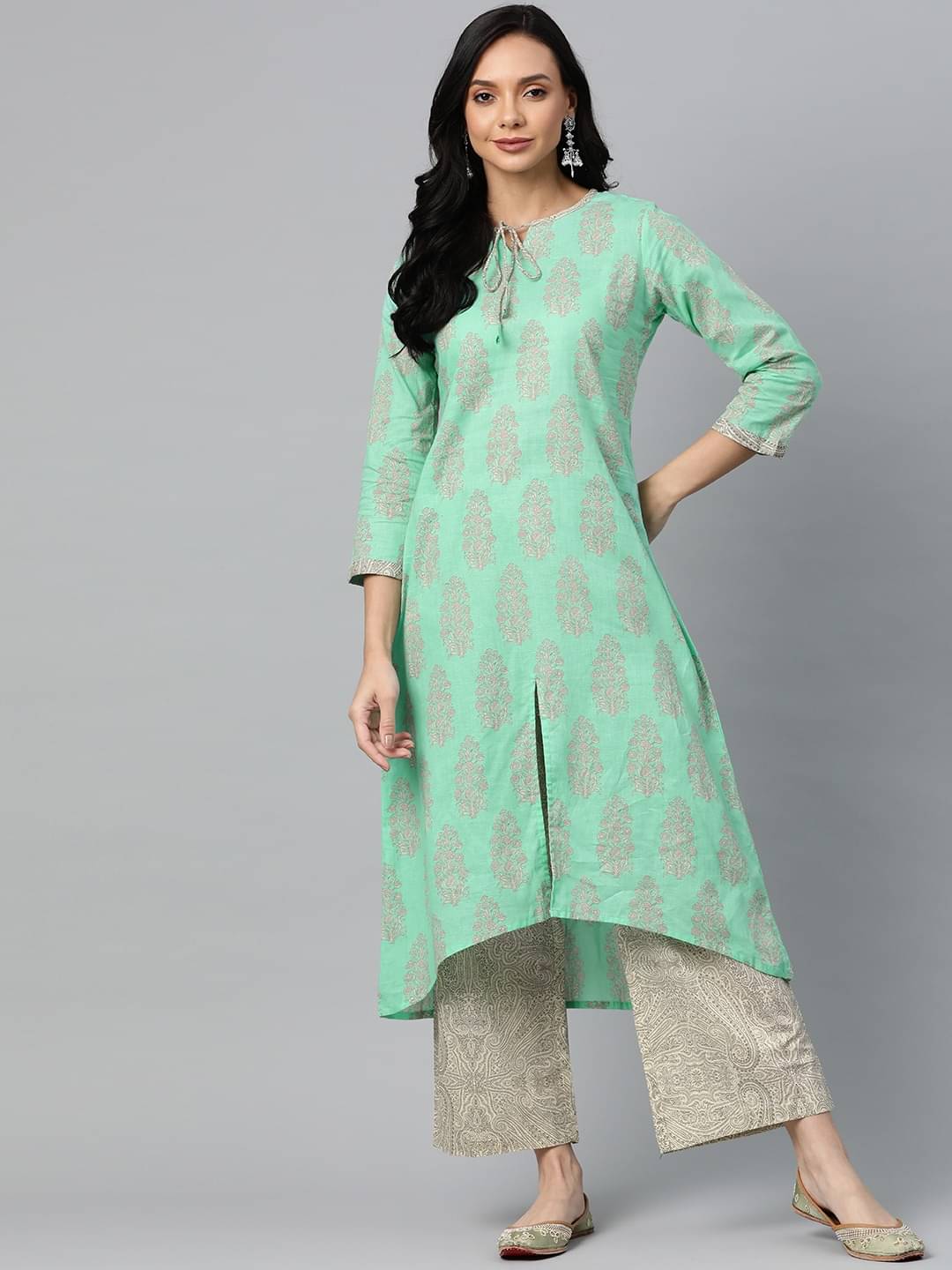 Vaamsi Cotton Printed Kurti With Palazzo Women's Stitched Salwar Suit - Sea Green ( Pack of 1 )     			Vaamsi Cotton Printed Kurti With Palazzo Women's Stitched Salwar Suit - Sea Green ( Pack of 1 )