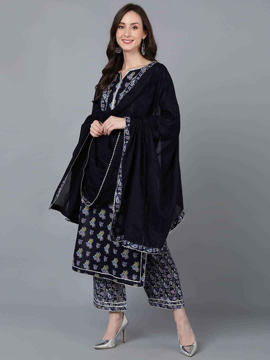 Vaamsi Cotton Printed Kurti With Palazzo Women's Stitched Salwar Suit - Navy Blue ( Pack of 1 )     			Vaamsi Cotton Printed Kurti With Palazzo Women's Stitched Salwar Suit - Navy Blue ( Pack of 1 )