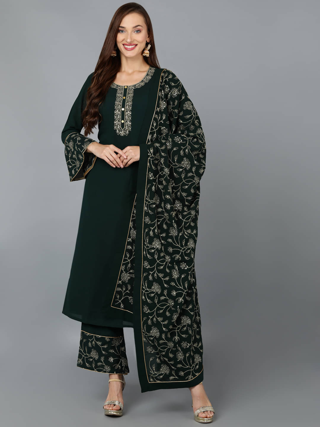 Vaamsi Georgette Embroidered Kurti With Palazzo Women's Stitched Salwar Suit - Green ( Pack of 1 ) Vaamsi Georgette Embroidered Kurti With Palazzo Women's Stitched Salwar Suit - Green ( Pack of 1 )
