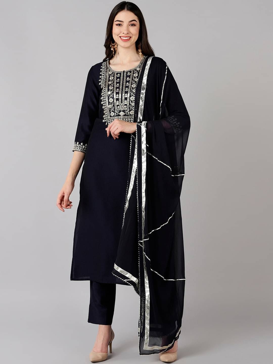 Vaamsi Polyester Embroidered Kurti With Pants Women's Stitched Salwar Suit - Navy Blue ( Pack of 1 ) Vaamsi Polyester Embroidered Kurti With Pants Women's Stitched Salwar Suit - Navy Blue ( Pack of 1 )