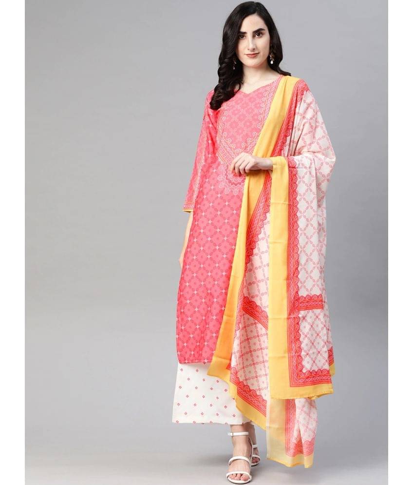 Vaamsi Polyester Printed Kurti With Palazzo Women's Stitched Salwar Suit - Pink ( Pack of 1 ) Vaamsi Polyester Printed Kurti With Palazzo Women's Stitched Salwar Suit - Pink ( Pack of 1 )
