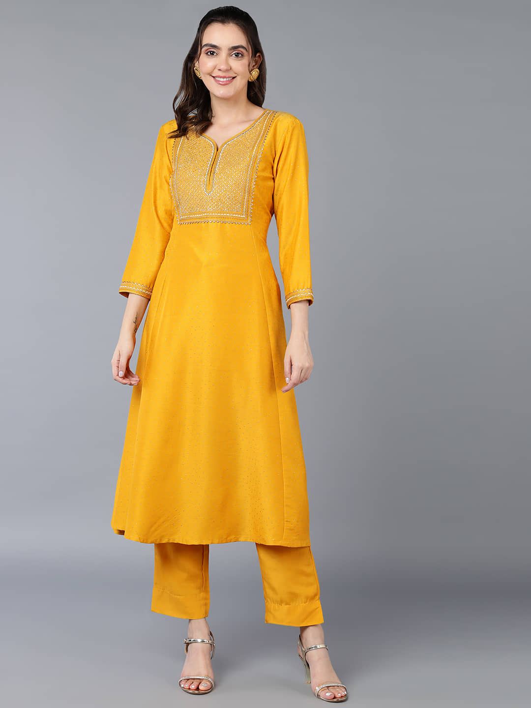 Vaamsi Silk Blend Embroidered A-line Women's Kurti - Mustard ( Pack of 1 ) - Kurtis, Tunics | Buy online on ZillyBuy