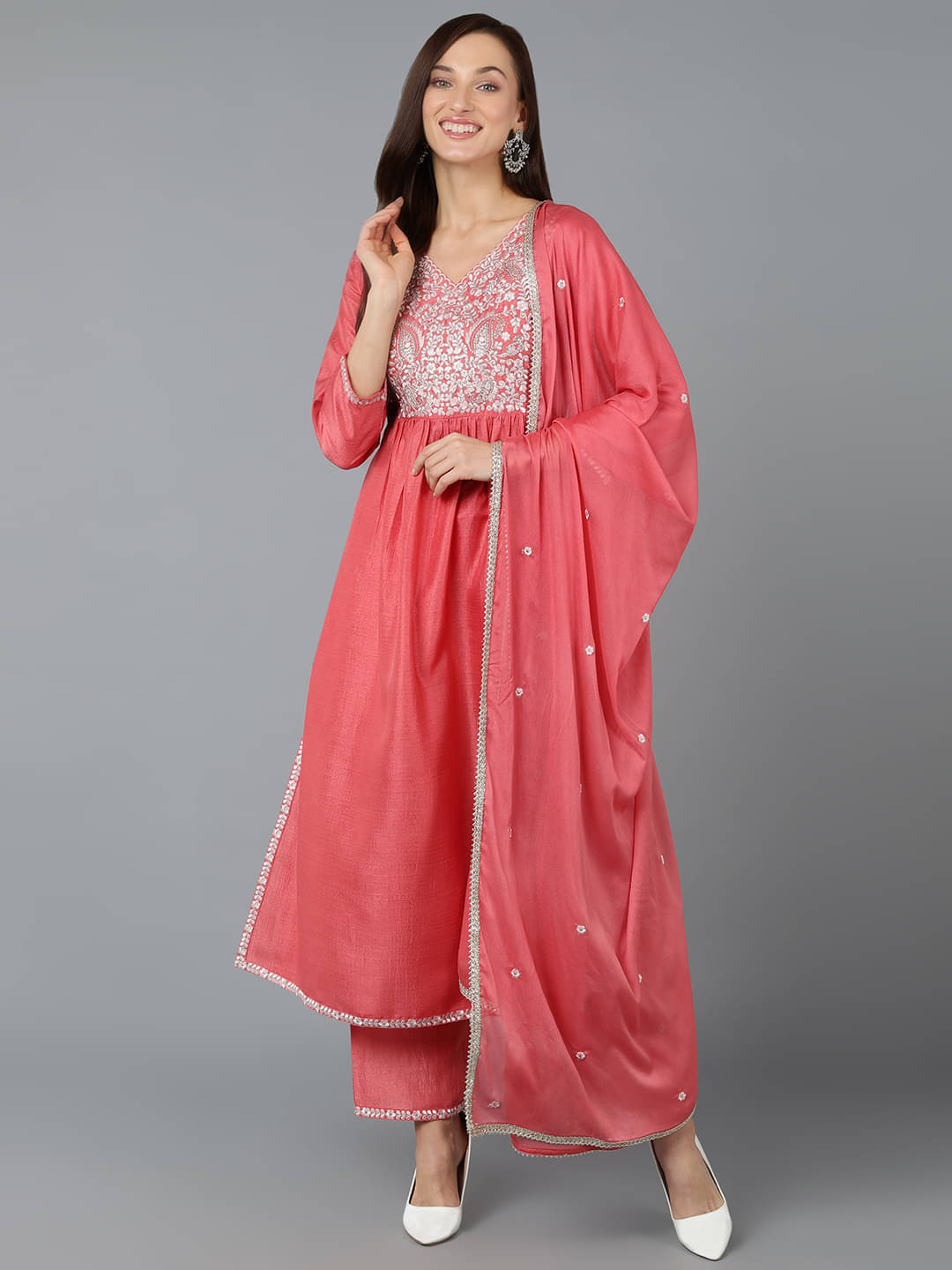     			Vaamsi Silk Blend Embroidered Kurti With Pants Women's Stitched Salwar Suit - Pink ( Pack of 1 )