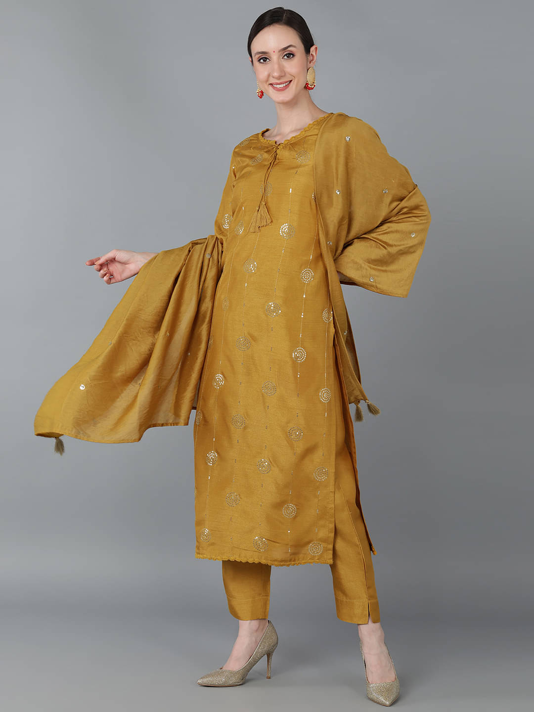     			Vaamsi Silk Blend Embroidered Kurti With Pants Women's Stitched Salwar Suit - Mustard ( Pack of 1 )