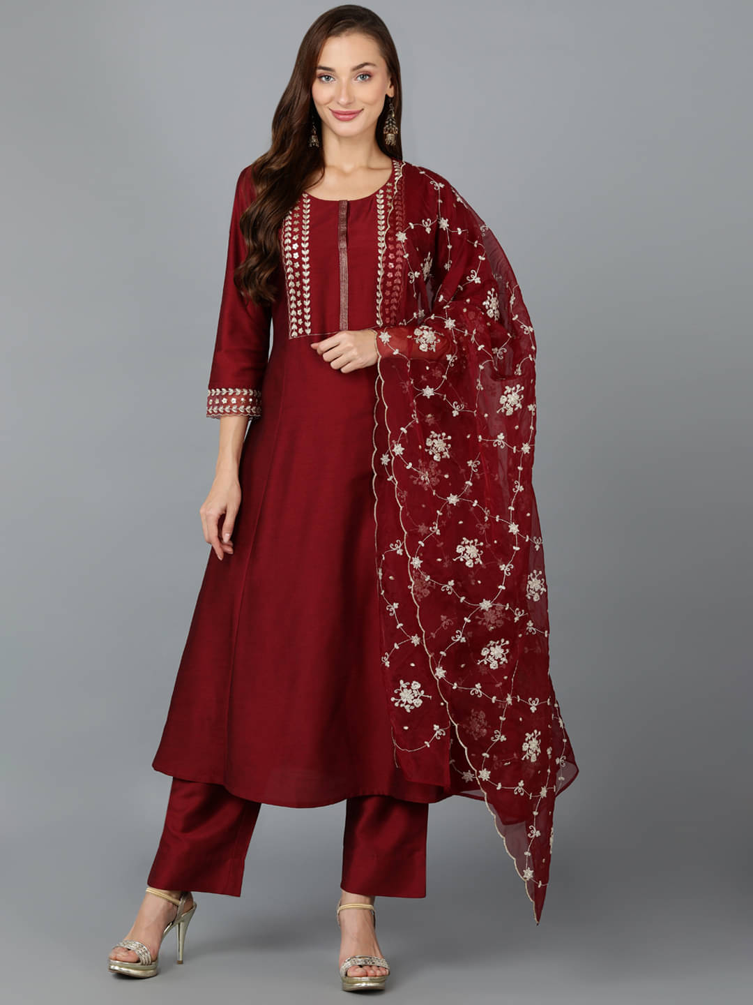 Vaamsi Silk Blend Embroidered Kurti With Pants Women's Stitched Salwar Suit - Maroon ( Pack of 1 ) Vaamsi Silk Blend Embroidered Kurti With Pants Women's Stitched Salwar Suit - Maroon ( Pack of 1 )