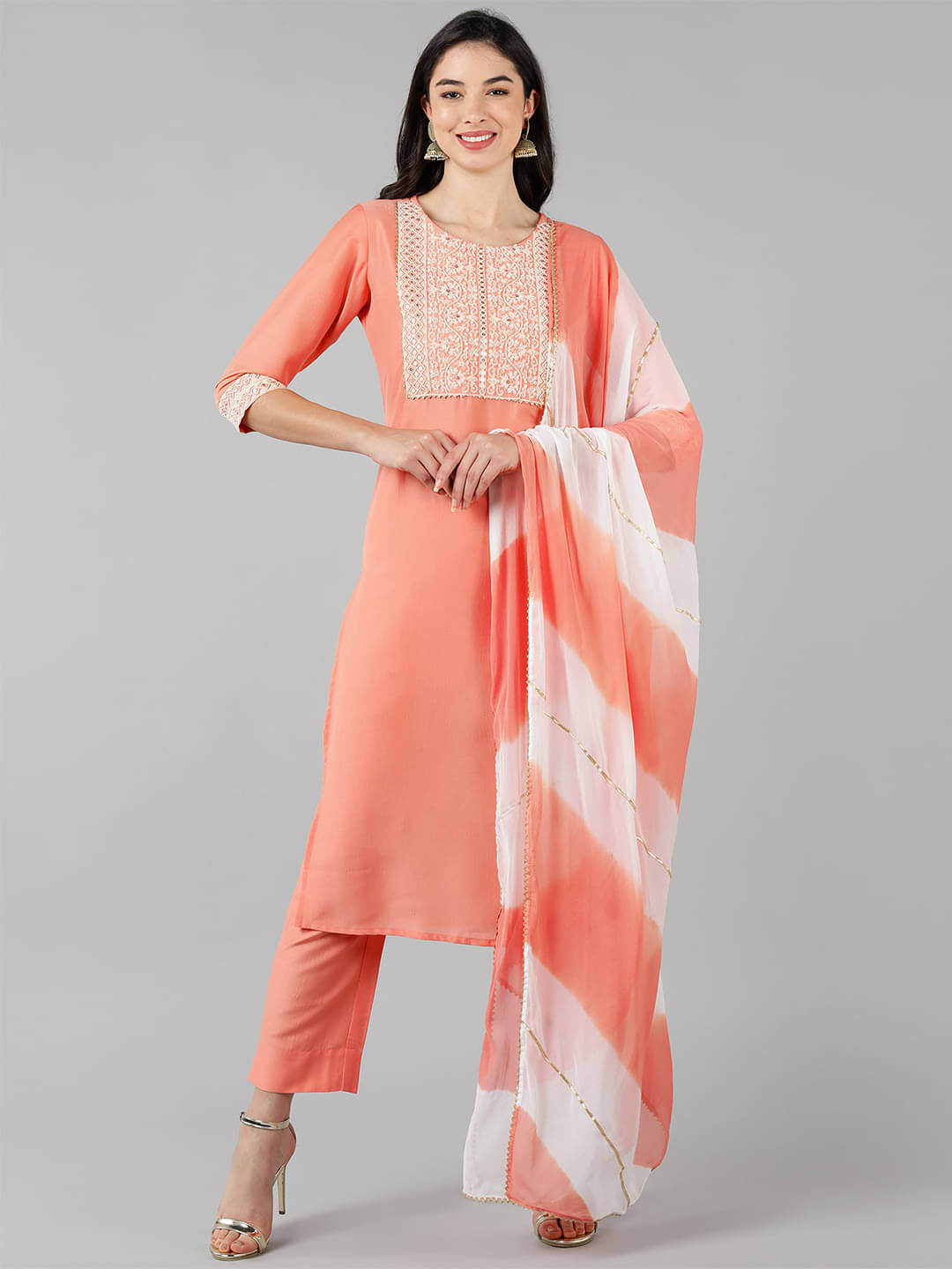     			Vaamsi Silk Blend Embroidered Kurti With Pants Women's Stitched Salwar Suit - Peach ( Pack of 1 )