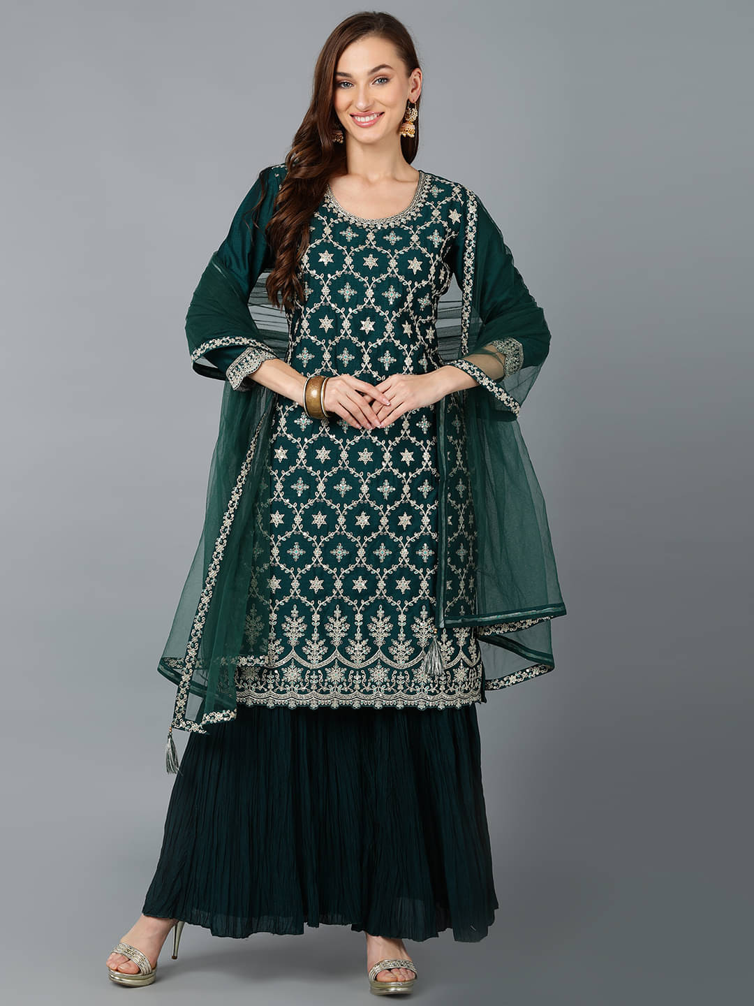 Vaamsi Silk Blend Embroidered Kurti With Sharara And Gharara Women's Stitched Salwar Suit - Green ( Pack of 1 )     			Vaamsi Silk Blend Embroidered Kurti With Sharara And Gharara Women's Stitched Salwar Suit - Green ( Pack of 1 )