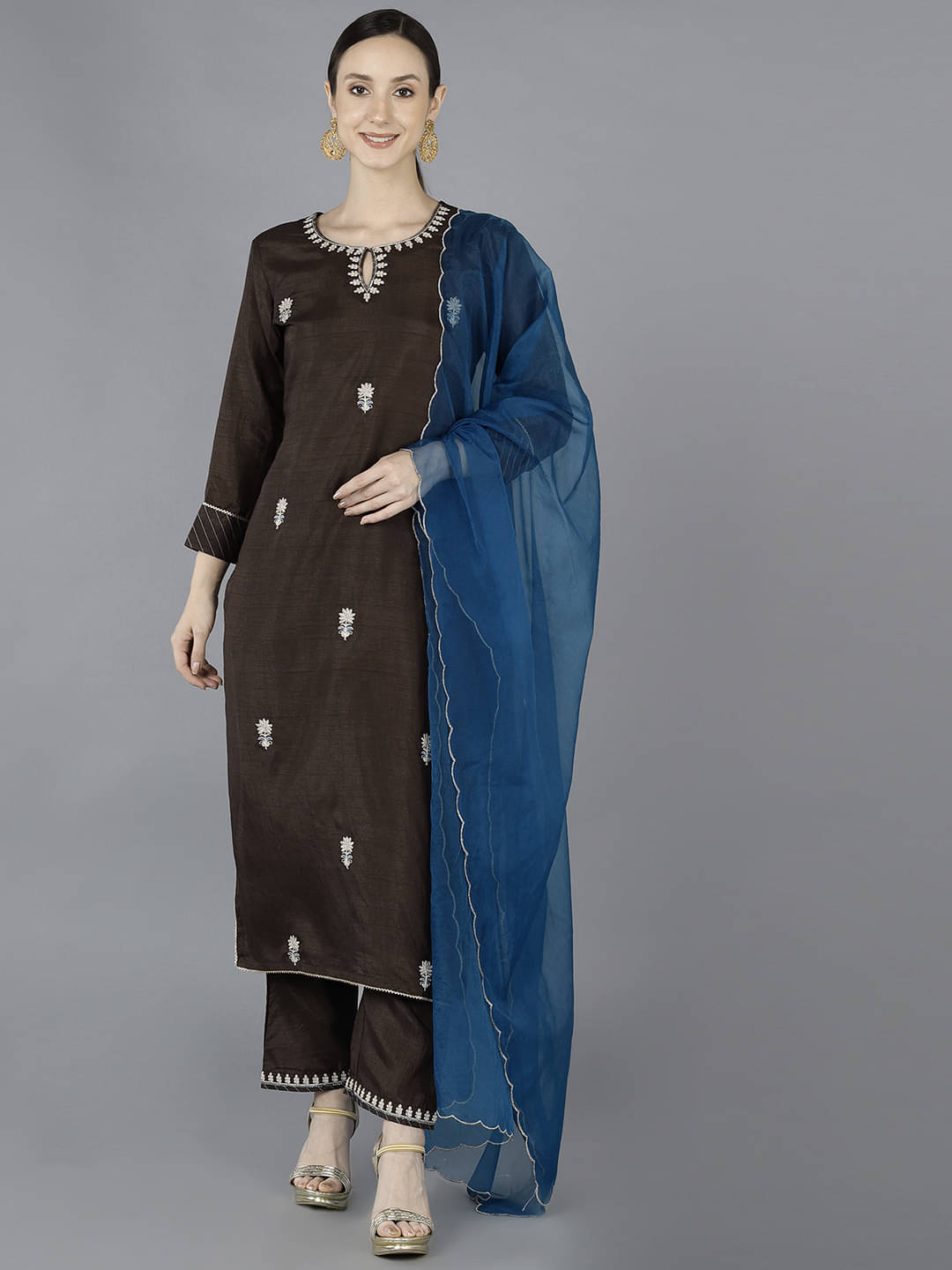 Vaamsi Silk Blend Embroidered Kurti With Pants Women's Stitched Salwar Suit - Brown ( Pack of 1 ) Vaamsi Silk Blend Embroidered Kurti With Pants Women's Stitched Salwar Suit - Brown ( Pack of 1 )