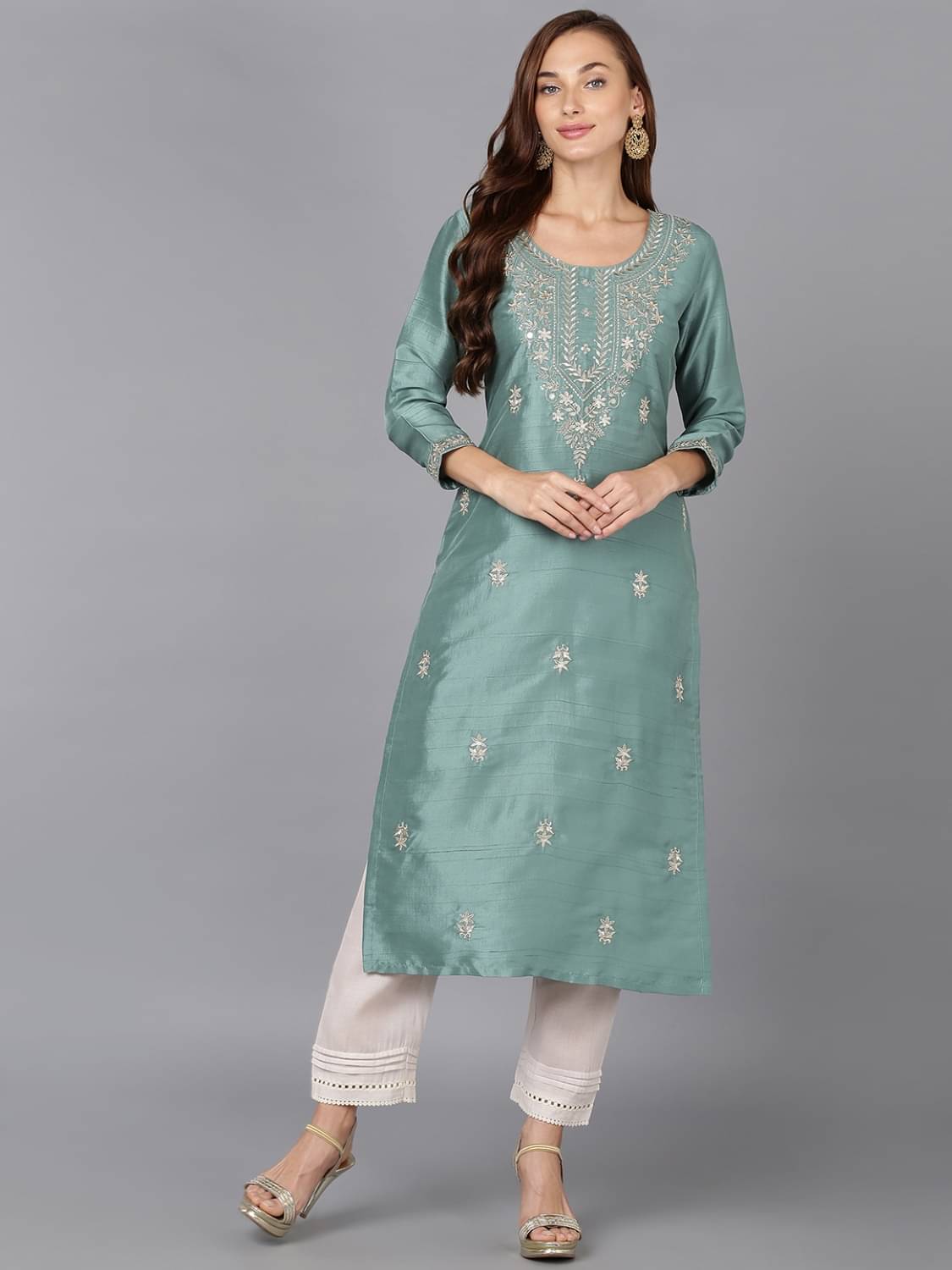 Vaamsi Silk Blend Embroidered Straight Women's Kurti - Sea Green ( Pack of 1 ) Vaamsi Silk Blend Embroidered Straight Women's Kurti - Sea Green ( Pack of 1 )