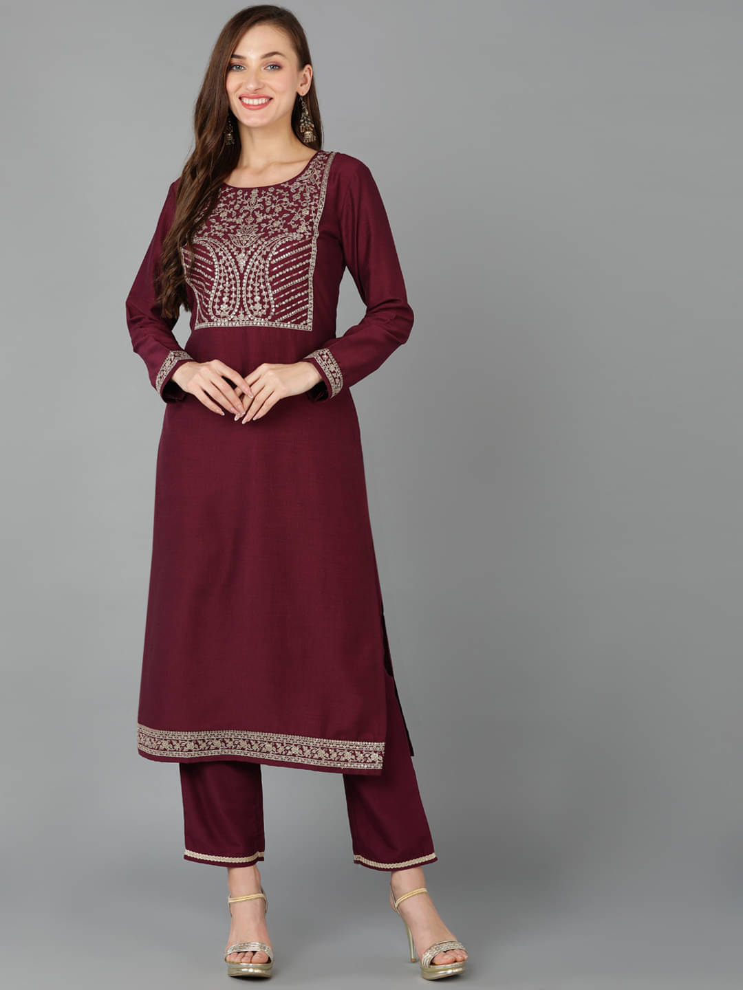 Vaamsi Silk Blend Embroidered Straight Women's Kurti - Maroon ( Pack of 1 ) Vaamsi Silk Blend Embroidered Straight Women's Kurti - Maroon ( Pack of 1 )