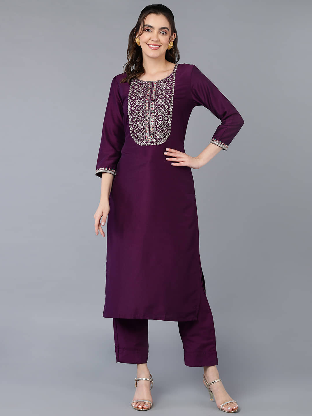 Vaamsi Silk Blend Embroidered Straight Women's Kurti - Burgundy ( Pack of 1 ) - Kurtis, Tunics | Buy online on ZillyBuy