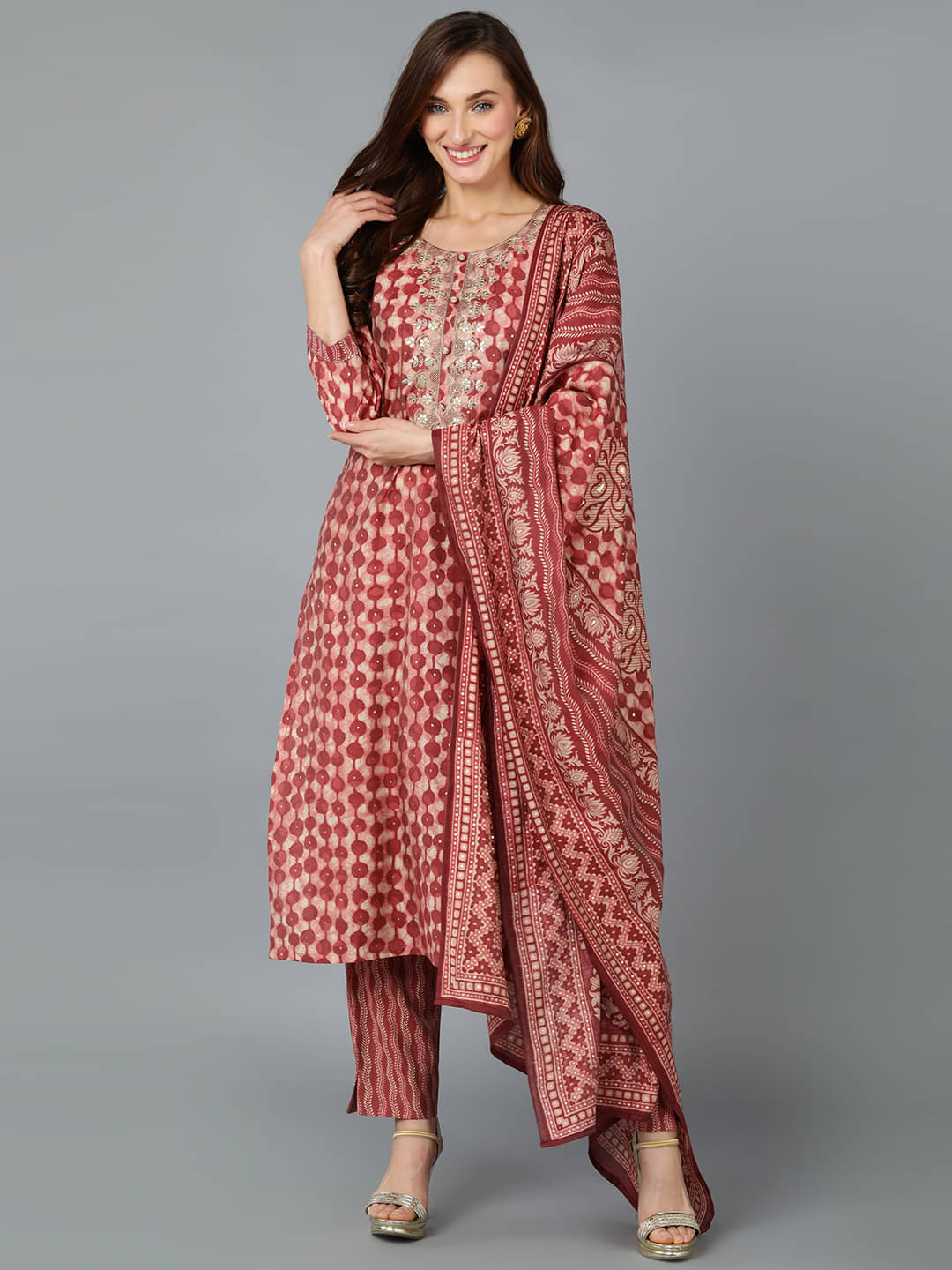 Vaamsi Silk Blend Printed Kurti With Pants Women's Stitched Salwar Suit - Maroon ( Pack of 1 ) Vaamsi Silk Blend Printed Kurti With Pants Women's Stitched Salwar Suit - Maroon ( Pack of 1 )