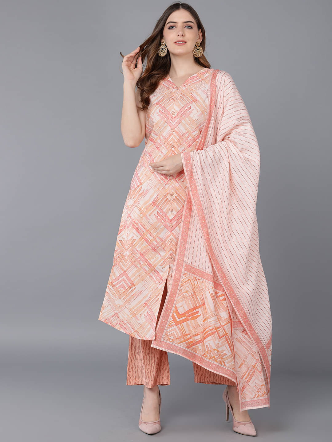     			Vaamsi Silk Blend Printed Kurti With Palazzo Women's Stitched Salwar Suit - Peach ( Pack of 1 )