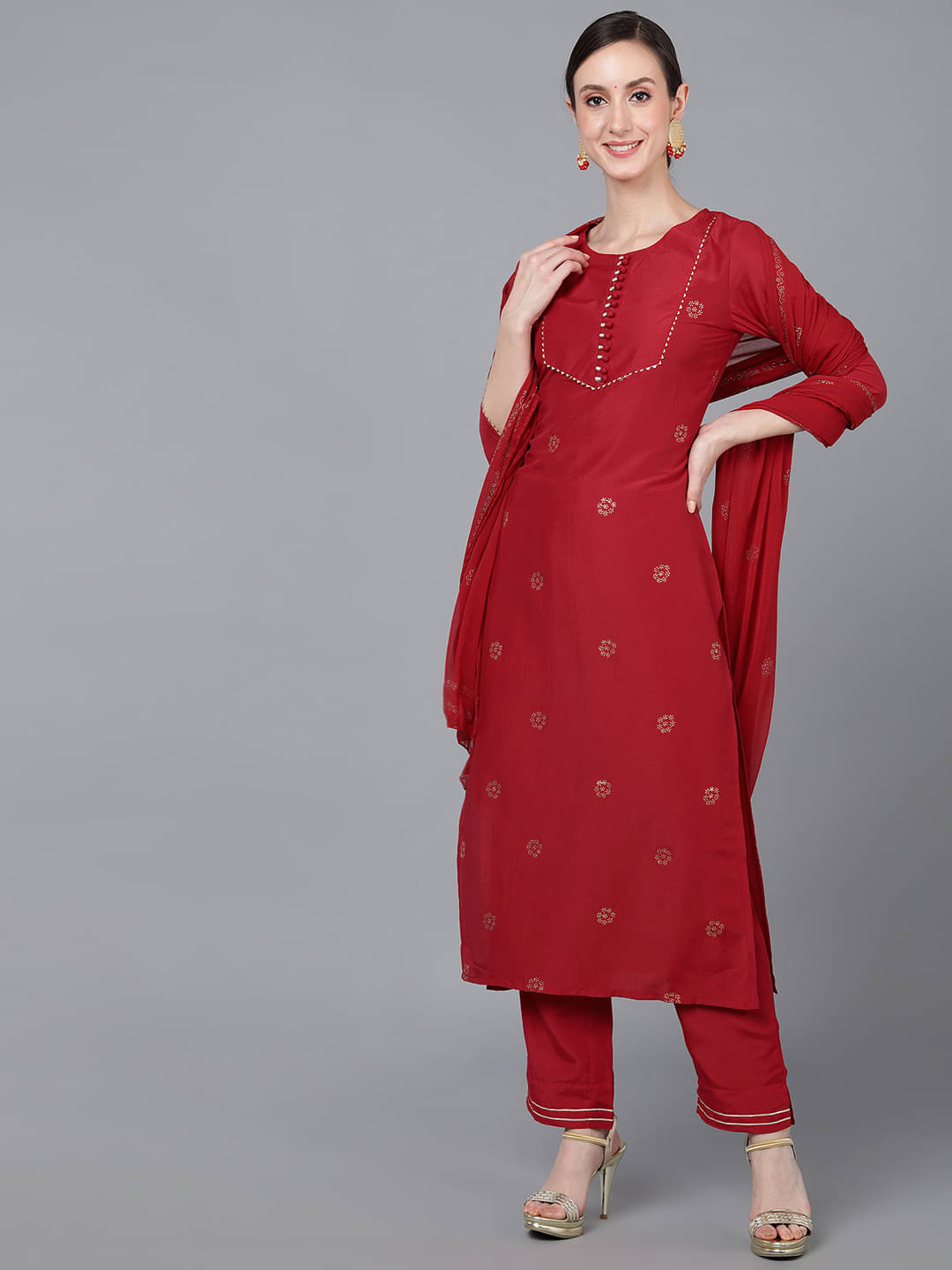     			Vaamsi Silk Blend Printed Kurti With Pants Women's Stitched Salwar Suit - Red ( Pack of 1 )