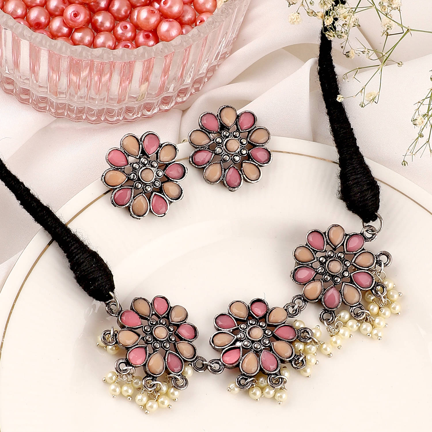     			gilher Peach Oxidised Silver Necklace Set ( Pack of 1 )